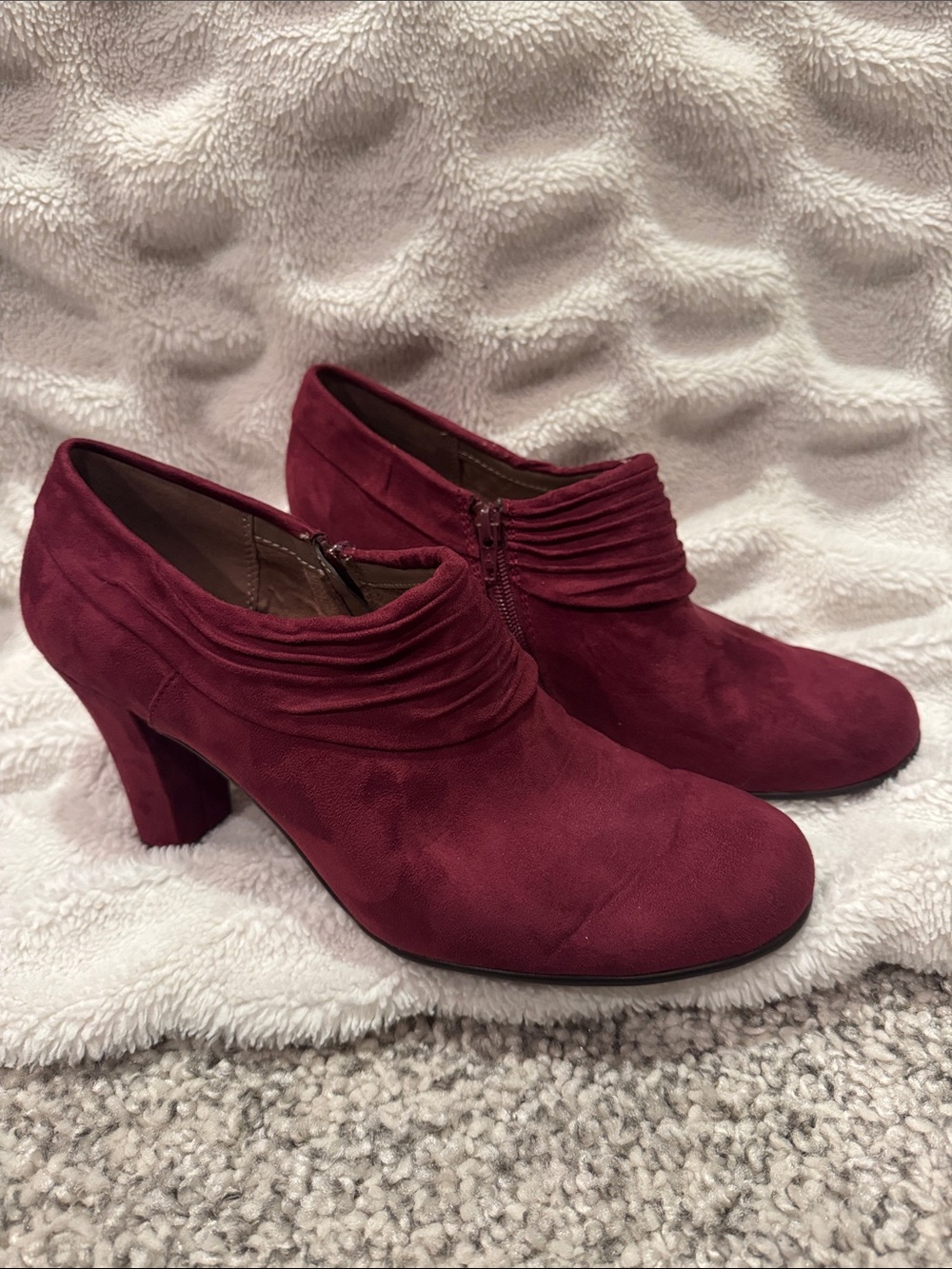 Suede Burgundy Ruched Ankle Heeled Boots